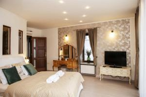 1 dormitorio con 1 cama y TV en Hilltop Wellness Villa-big garden, sauna, hot tube, en Pécs