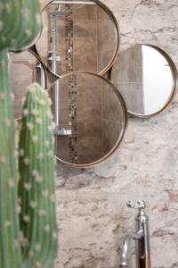 une salle de bains avec trois miroirs et un cactus dans l'établissement Die-Deichbude-1-Bude-6, à Büsum