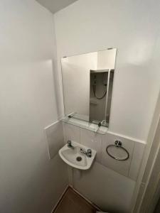 een witte badkamer met een wastafel en een spiegel bij Studio flat in lovely Alexandra Palace London in Londen