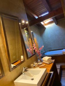 a bathroom with a sink and a mirror at Ca l’Andreu Suites in Alás