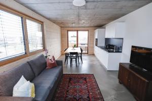 uma sala de estar com um sofá e uma mesa em BOUTIQUE APARTMENTS LUSTENAU Nachhaltige Kühlung über Erdsonde und Fussbodenkühlung em Lustenau