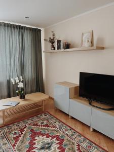 a living room with a flat screen tv and a couch at Rauna Apartment NR 8 in Rauna