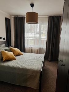 1 dormitorio con cama y ventana grande en Rauna Apartment NR 8, en Rauna