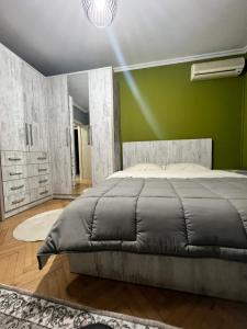 1 dormitorio con cama y pared verde en Downtown Retreat "Spiranca" en Tirana