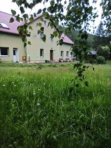 un champ d'herbe avec une maison en arrière-plan dans l'établissement Dom prywatny, à Przesieka