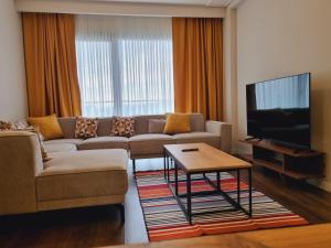 ein Wohnzimmer mit einem Sofa und einem TV in der Unterkunft Otto Residences City Center 216 in Istanbul