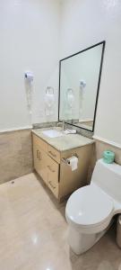 La salle de bains est pourvue de toilettes, d'un lavabo et d'un miroir. dans l'établissement Lighthouse Inn, à South Padre Island