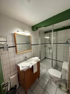 a bathroom with a sink and a toilet and a shower at Hafenbrise in Tönning +17 photos