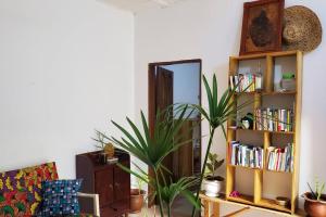 Maison fleurie Ouidah في Ouidah: غرفة معيشة مع رف كتاب ومصنع