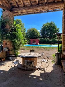 a table and chairs under a pavilion with a pool at La roul'hôte dépote in Monbéqui