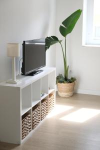 a living room with a tv on a white cabinet at AOVE Suite in Jaén