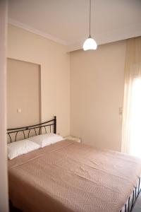 a bedroom with a large bed with a large window at SAVVAS in Nea Plagia
