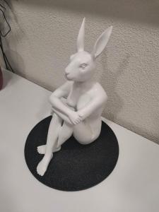 a white rabbit figurine sitting on a black mat at Apartament in the City Center-Old Town in Rokiškis