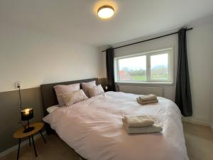 フラウウェンポルデルにあるDorpsdijk 49, Vrouwenpolder vakantieの窓のある大きな白いベッドのある寝室
