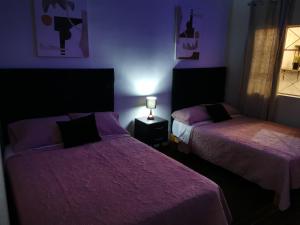 two beds in a room with purple walls at Hermoso departamento en el centro ciudad, casa M MELGAR in Arequipa