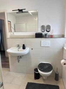 a bathroom with a sink and a toilet and a mirror at Golden Apartment Schwabach in Schwabach