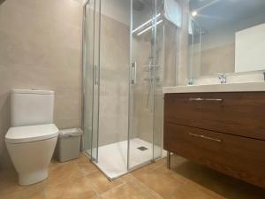 a bathroom with a shower and a toilet and a sink at Allotjament Cal Bru in Sant Llorenç de Morunys