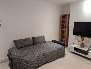 a living room with a couch and a flat screen tv at Fully-equipped flat in the city of London in London