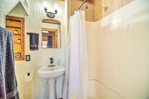 baño con lavabo y cortina de ducha blanca en Cozy Cabin Rental in Waterfront Community with Dock en Okeechobee