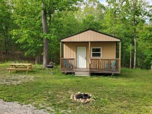 a small cabin in the middle of a yard with a fire pit at Stay In Current in Jadwin
