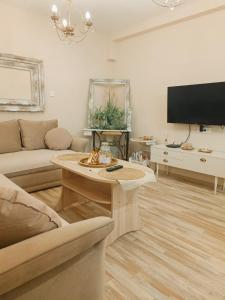 salon z kanapą i telewizorem w obiekcie PORTO SOFIA w mieście Kumanowo