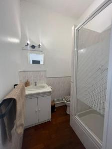 W łazience znajduje się prysznic, umywalka i toaleta. w obiekcie Le cottage des lumières w mieście Boulogne-sur-Mer