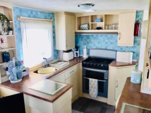 a small kitchen with a stove and a sink at Oasis S108 Caravan, Golden Palm Resort in Chapel Saint Leonards