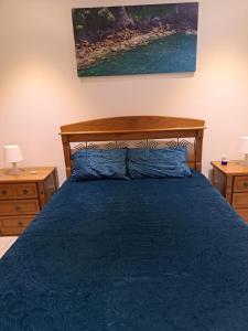 a bedroom with a blue bed with two night stands at Nunes Apartments in Mexilhoeira da Carregacao