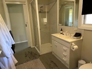 W łazience znajduje się prysznic, umywalka i lustro. w obiekcie Bush Retreat Farm Stay 1BR w mieście Alberton West
