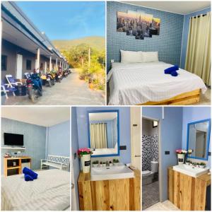 a collage of pictures of a bedroom and a bathroom at ที่พักบ้านเก๋ เกาะล้าน in Ko Larn