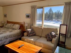 sala de estar con sofá, cama y ventana en Tete Jaune Lodge en Tete Jaune Cache