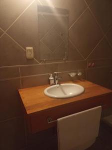 a bathroom with a sink and a mirror at Casa de Balsa in Neuquén