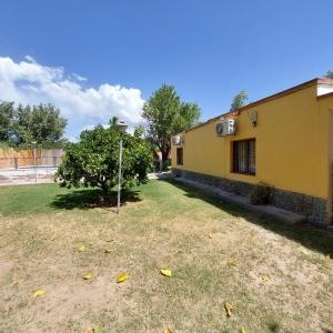 um edifício amarelo com uma árvore num quintal em Cabaña - Casa de campo La Tati em Ullún