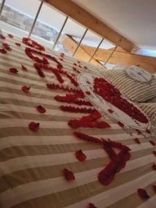 - un lit avec des pétales de rose rouge au sol dans l'établissement Maison spa, à Morangis