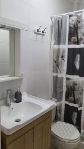 a bathroom with a sink and a shower curtain at Hostal Costa Brava in Iquique