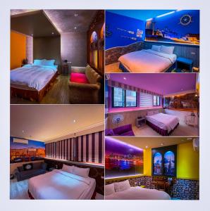 4 verschiedene Bilder eines Hotelzimmers mit 2 Betten in der Unterkunft Vogue Inn at Hualien in Hualien
