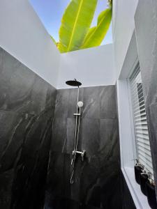 W narożnej łazience znajduje się prysznic. w obiekcie Seaside Dhigurah w mieście Dhigurah