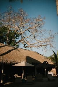 um edifício com telhado de palha, cadeiras e um guarda-sol em Le Nusa Beach Club em Nusa Lembongan