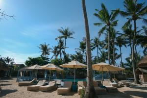 a pool with chairs and umbrellas and palm trees at Le Nusa Beach Club in Nusa Lembongan