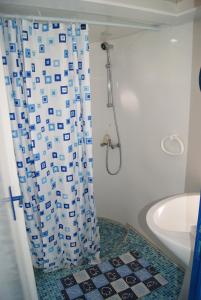 ein Badezimmer mit einem Duschvorhang und einer Badewanne in der Unterkunft Maison flottante sur la seille in Cuisery