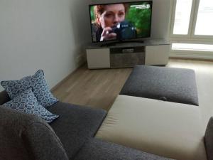 TV a/nebo společenská místnost v ubytování Moderni avara yksiö Jyväskylän ydinkeskustassa