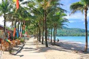 una playa bordeada de palmeras y una acera en Villa Natural Touch A3, en Kamala Beach