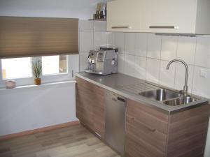 eine Küche mit einer Spüle und einer Mikrowelle in der Unterkunft Schrammi's Ferienwohnung in Schwanau