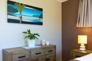 a bedroom with a dresser with a potted plant on it at Ocean View Beachfront Apartment in Blenheim