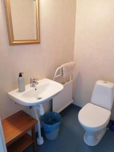 a bathroom with a white sink and a toilet at Hotell Hemgården in Bengtsfors