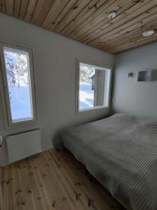 a bedroom with a bed and two windows at Pikkuhukka in Syöte
