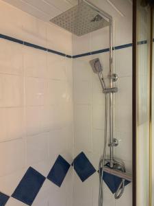 a bathroom with a shower with blue and white tiles at Les clapiers appartement avec jacuzzi et rivière. in Mialet