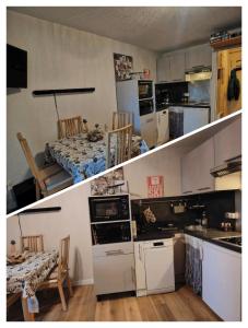 two views of a kitchen and a living room at Studio avec jardin et garage, à 100m d'une piste in Les Deux Alpes