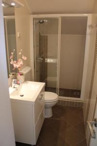 察夫塔特的住宿－Apartments Marlais，浴室配有卫生间、淋浴和盥洗盆。