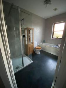 a bathroom with a shower and a tub and a toilet at The Courtyard in Newcastle